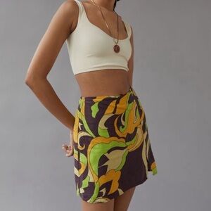 UO Notched Pelmet Linen Mini Skirt in Brown multi